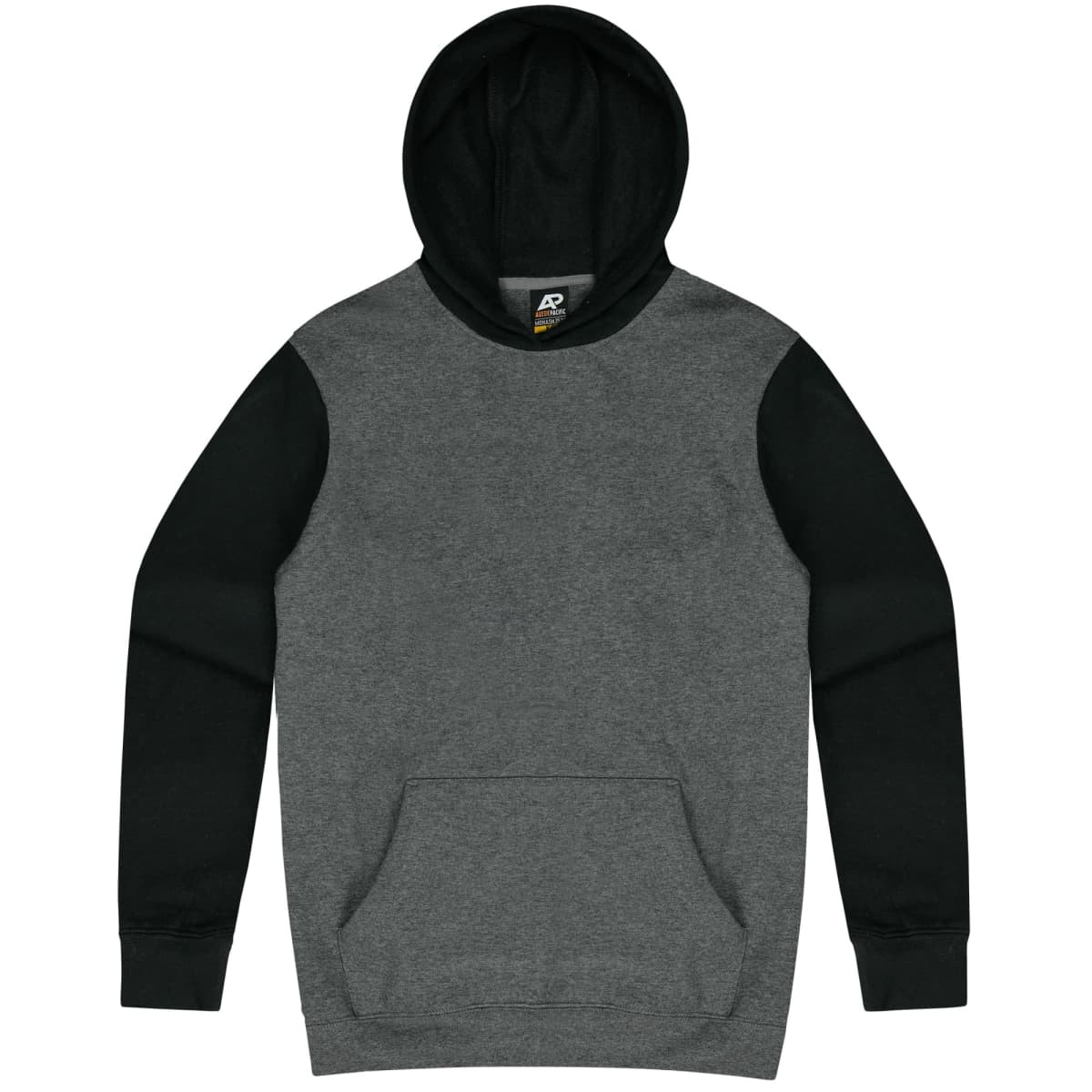 A grey and black hoodie featuring a front pocket and a hood, with a branding logo on the inside.