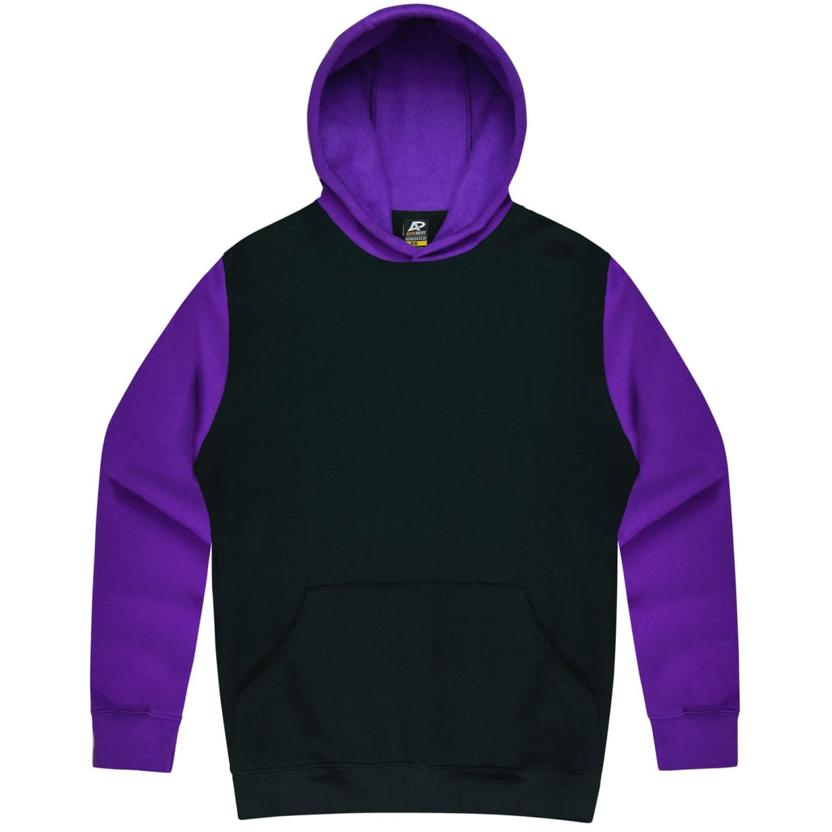 A hoodie featuring a black body with purple sleeves and a matching hood. It has a front pocket and a logo.