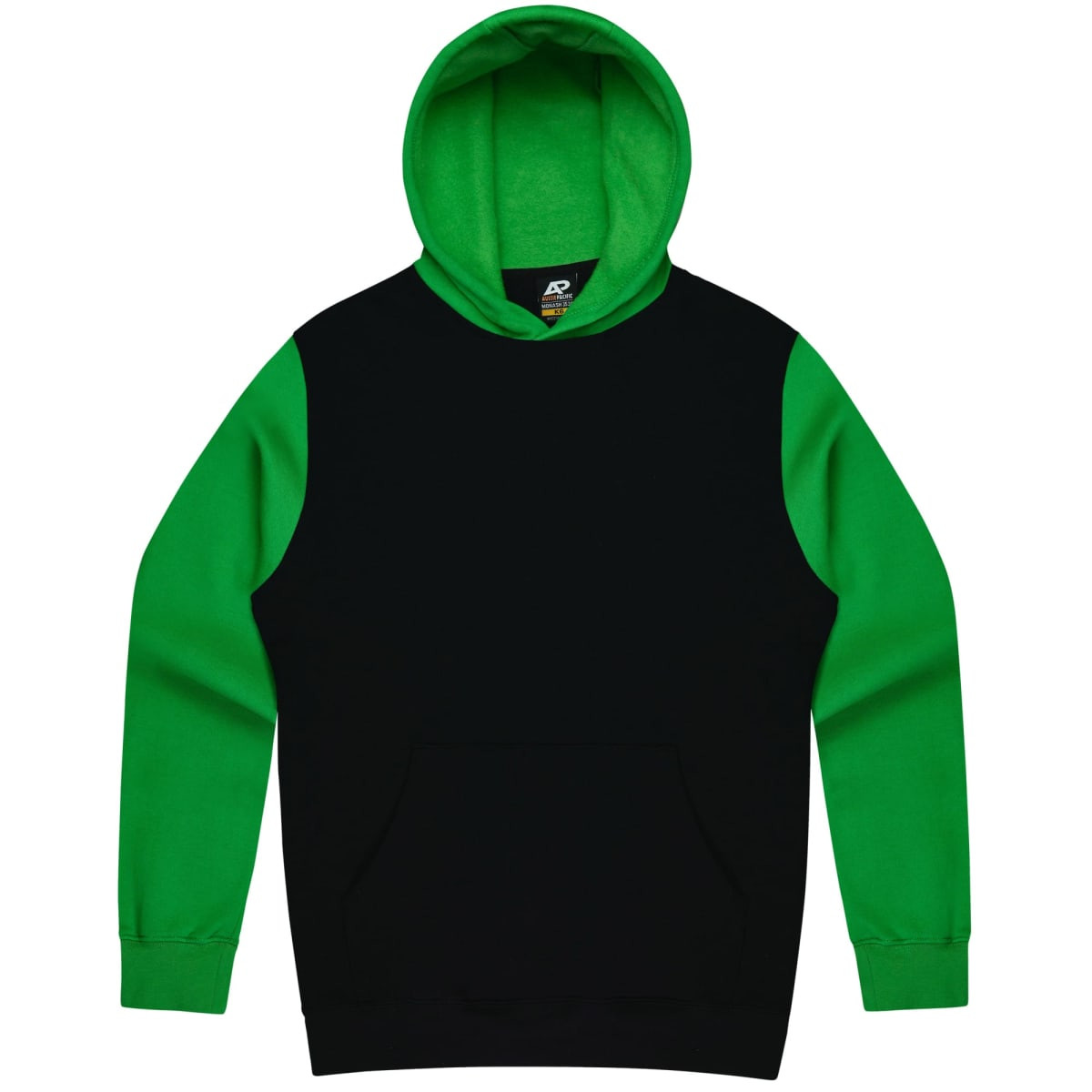 A black hoodie with green sleeves and a hood, featuring a front pocket and a logo.