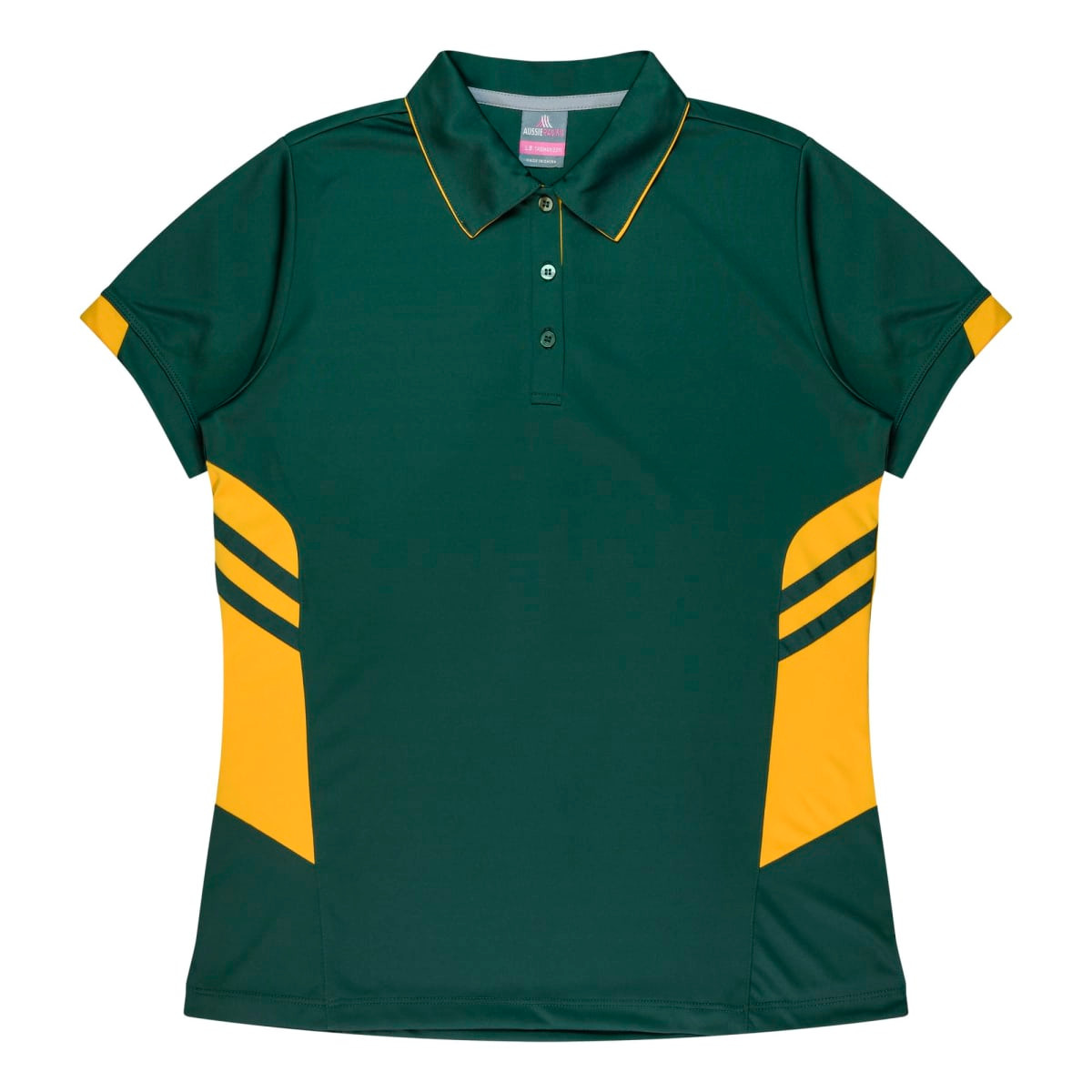 A green polo shirt with yellow accents and three stripe details on the sides. It has a collar and short sleeves.