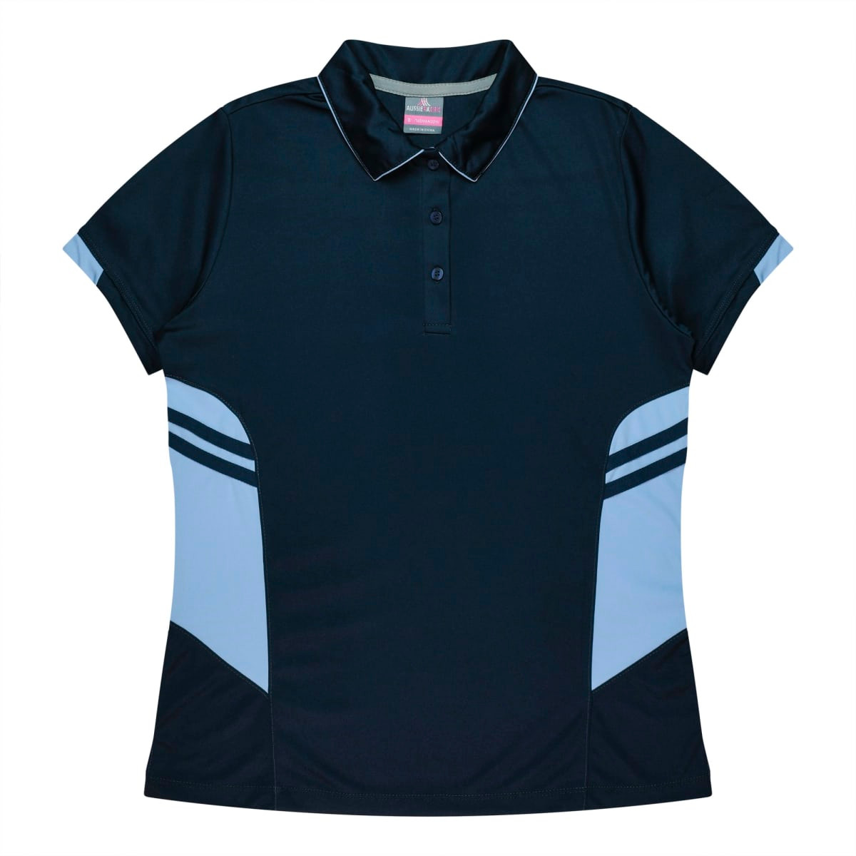 A navy blue polo shirt with light blue accents and a collar. It features a logo on the chest.