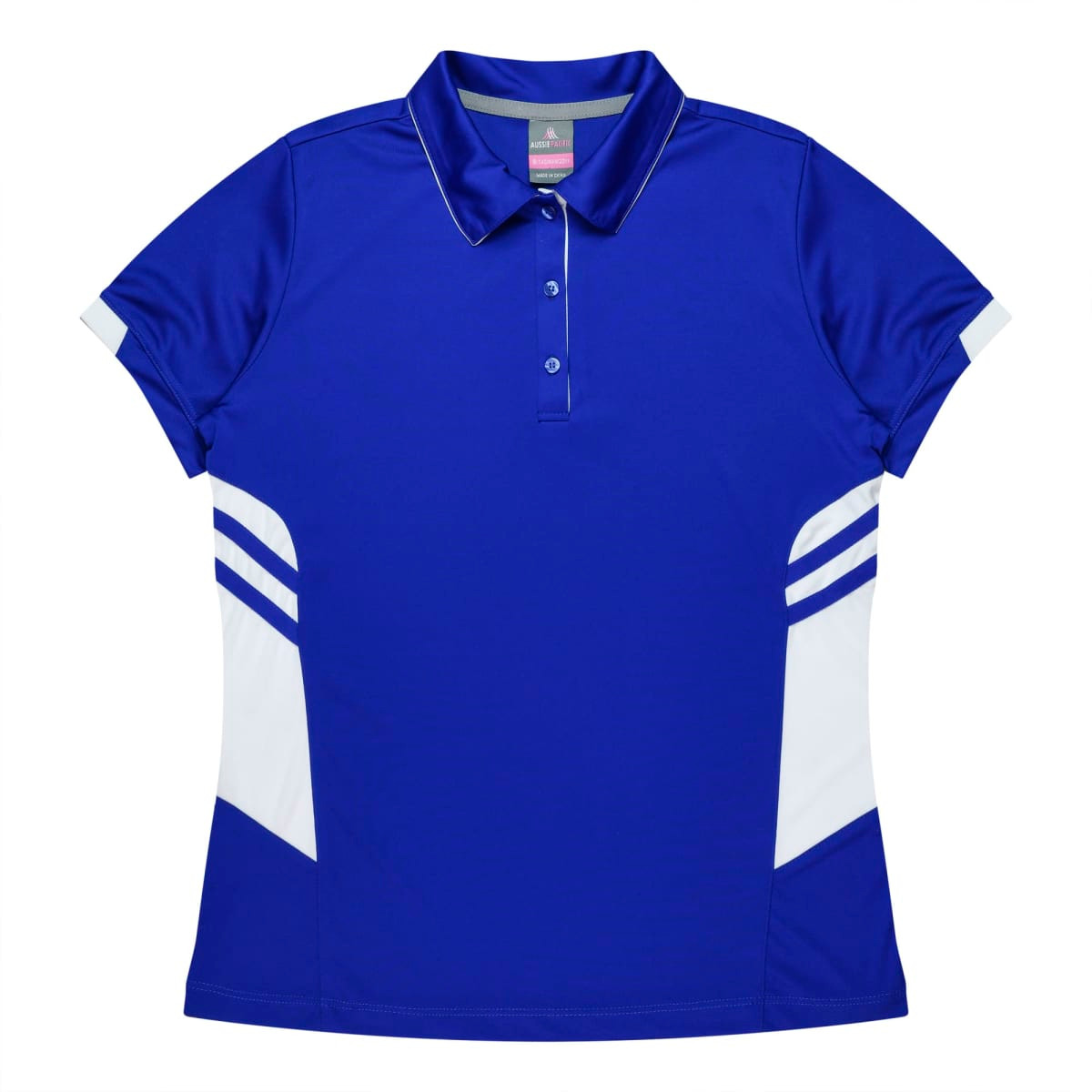 A blue women's polo shirt featuring white side panels and a logo on the chest.