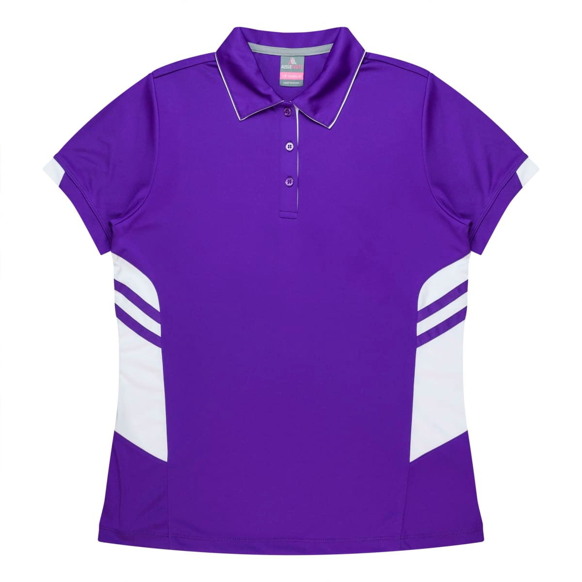 A purple polo shirt featuring white panels and a logo, designed for women.