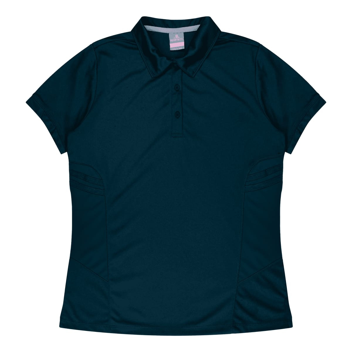 A dark teal polo shirt with a collared design, featuring short sleeves and side panels, along with a logo.