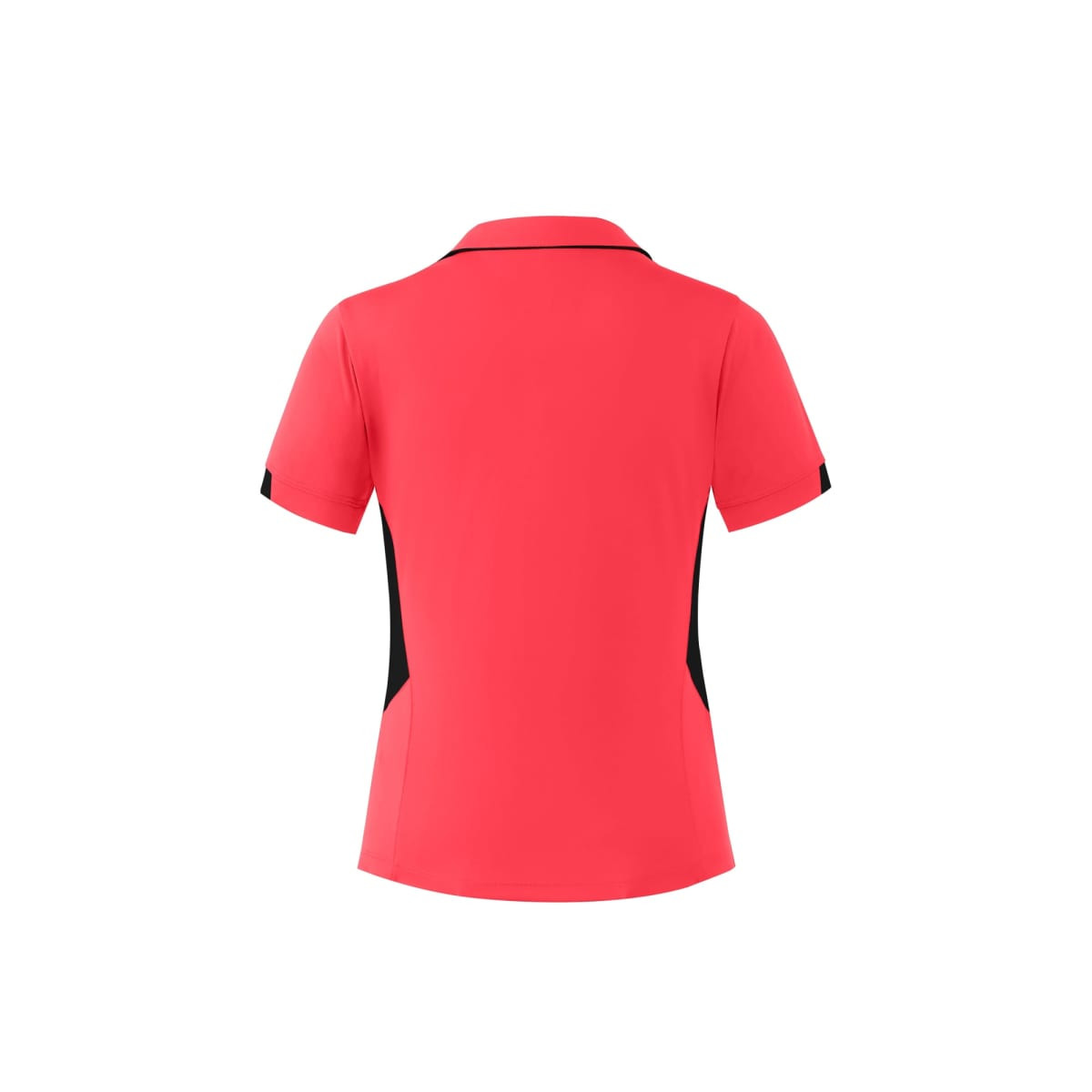 A women's polo shirt in bright pink with black side panels and a collar, featuring a logo.