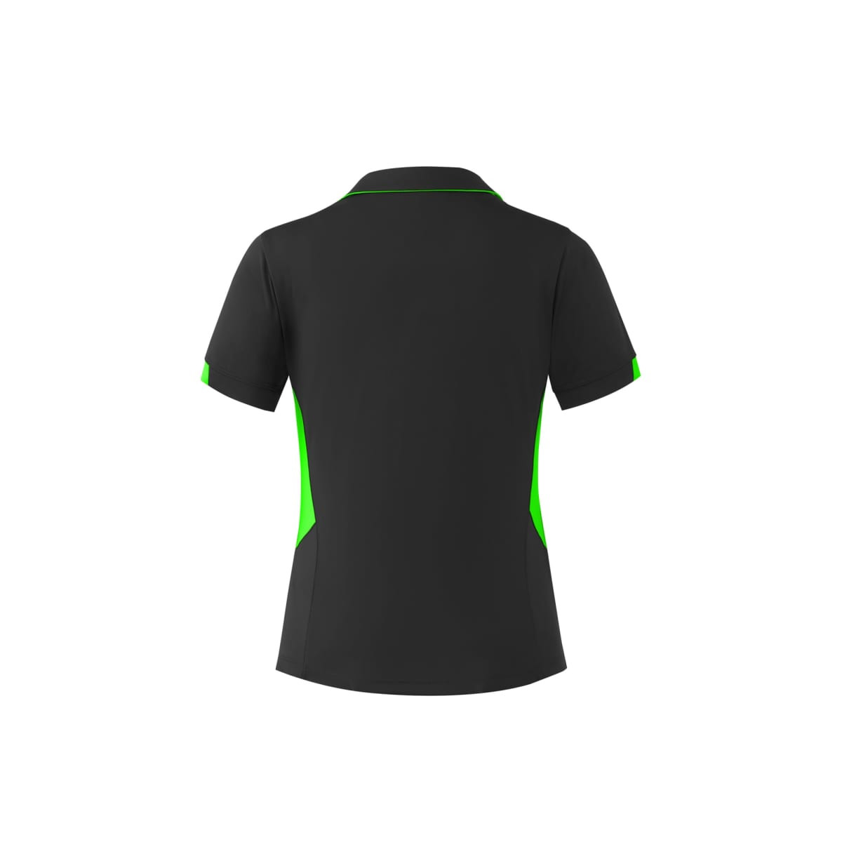 A black polo shirt with green accents, featuring a collar and short sleeves. It has branding on it.
