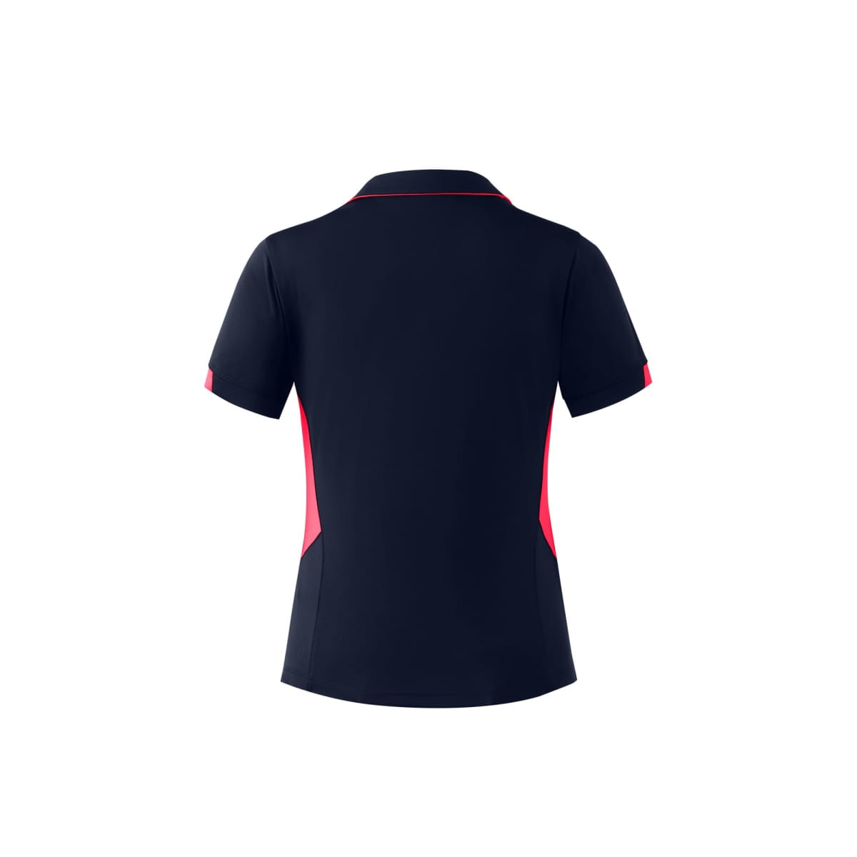 A navy polo shirt with pink accents and a logo, featuring a classic collar and short sleeves.