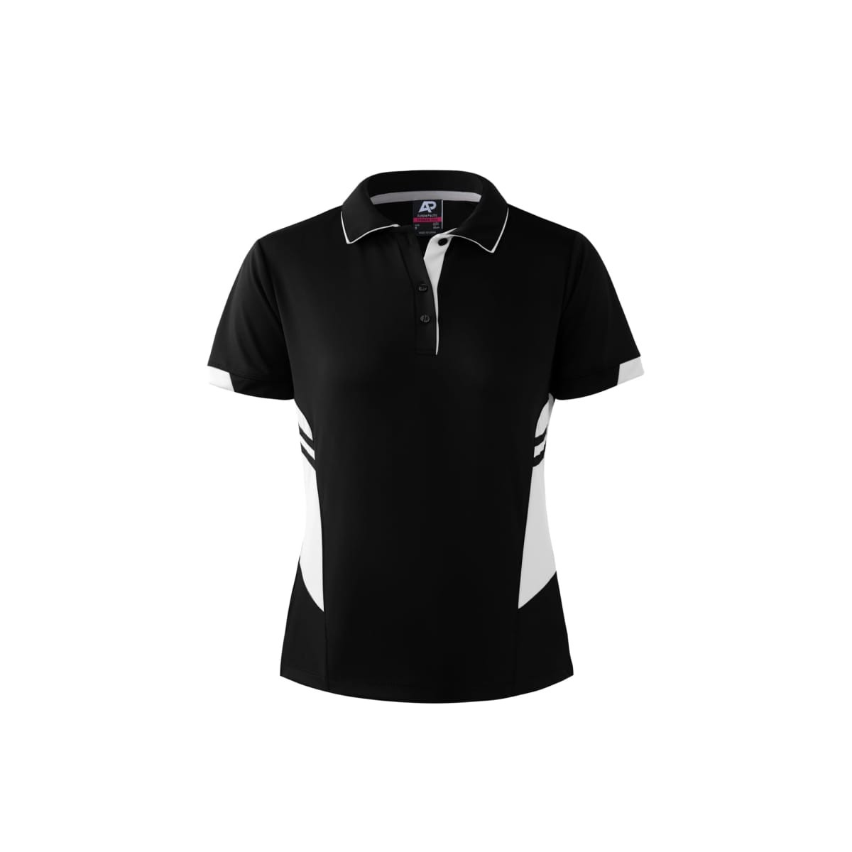 A black polo shirt with white accents and a logo, designed for women. Features a collared neckline and buttons.