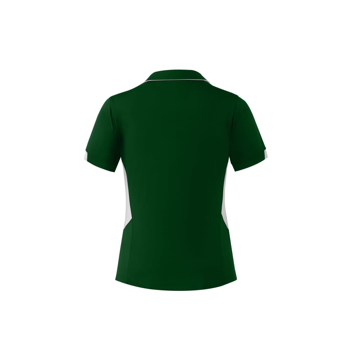 A green polo shirt with white side panels and a collar. The back view features a logo on the upper section.