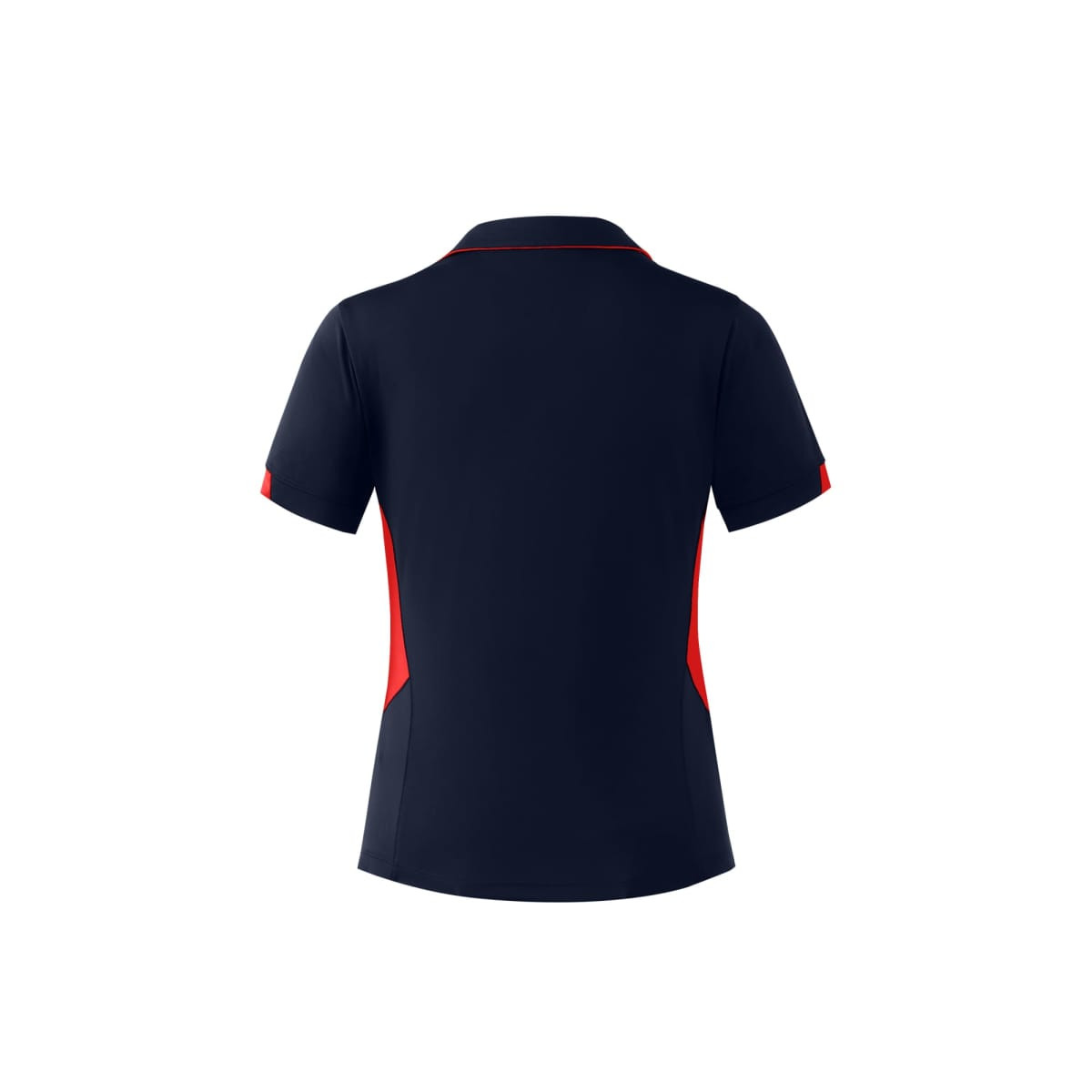 A navy blue polo shirt with red accents and a logo on the back.