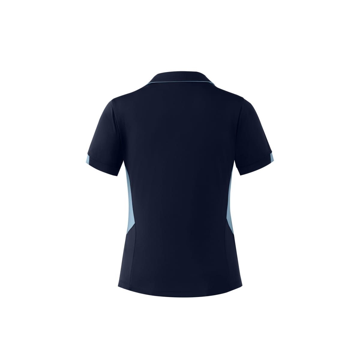 A dark navy polo shirt with light blue accents, featuring a logo on the back.