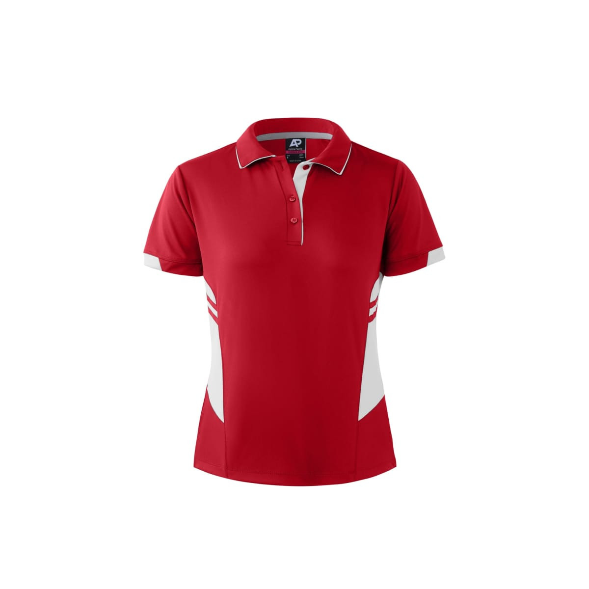 A red polo shirt with white accents and a subtle logo, featuring a classic collar and short sleeves.