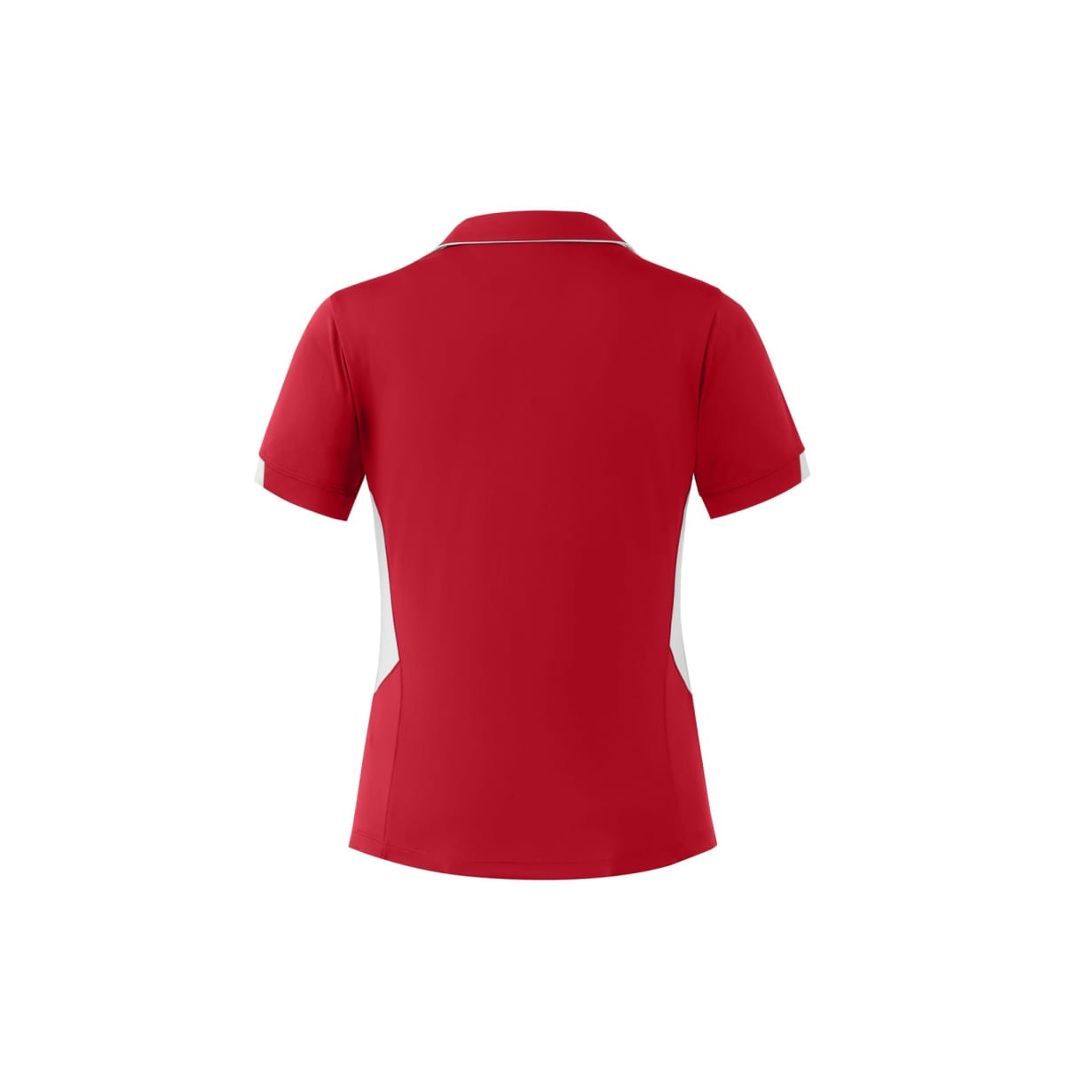 A red polo shirt with white accents, featuring a collar and short sleeves. The shirt has a logo on it.