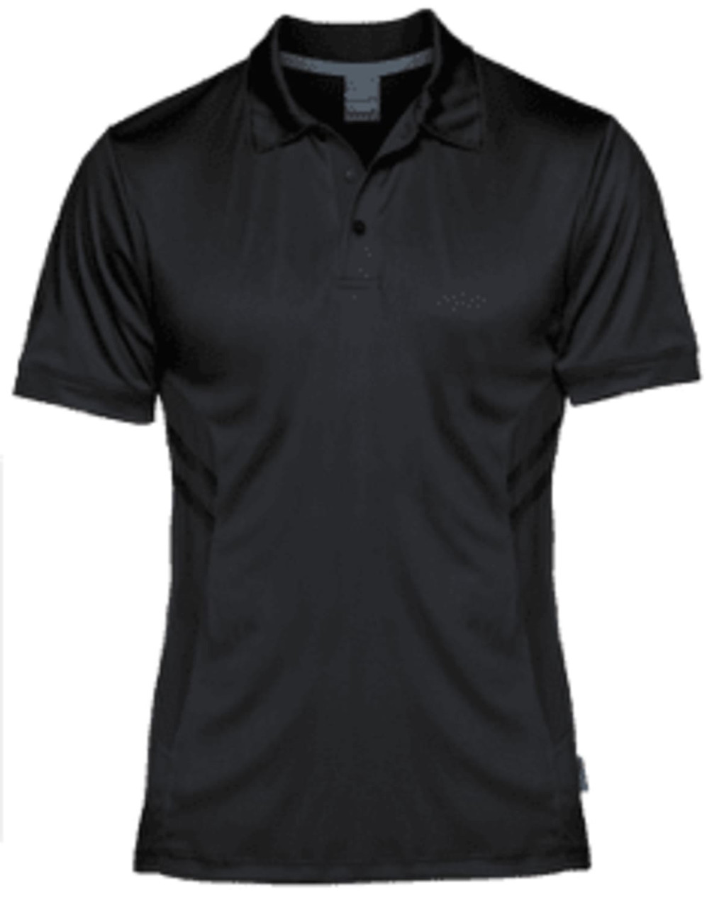 A black polo shirt featuring a collar and short sleeves, with a logo on the front.
