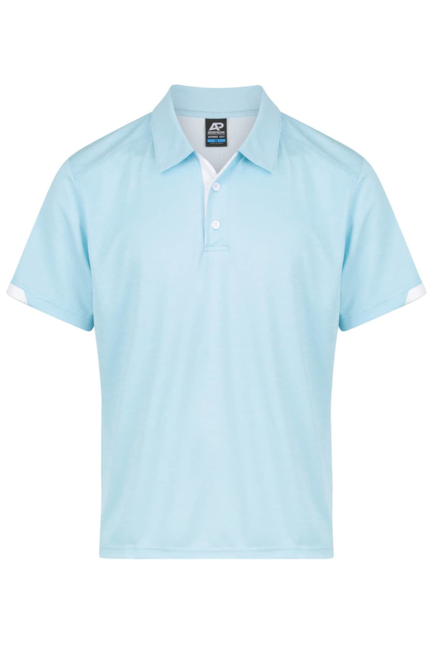 A light blue polo shirt with a collar and short sleeves, featuring white accents and a logo.
