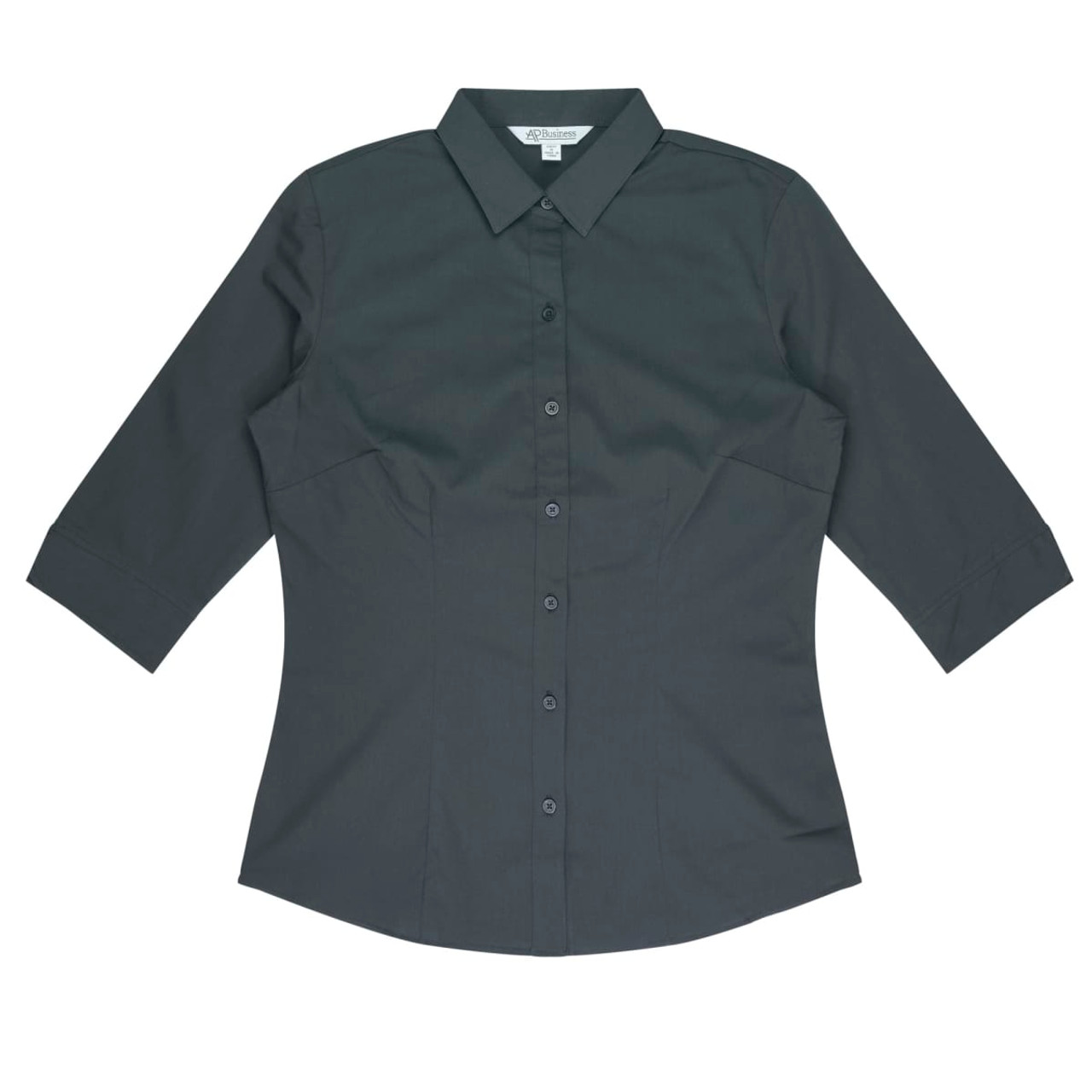 A dark grey button-up shirt with 3/4 sleeves and a fitted design, featuring a collar and buttons.