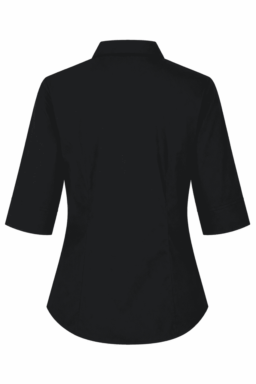 A black button-up shirt with 3/4 sleeves, featuring a classic collar and fitted design. Includes a logo.