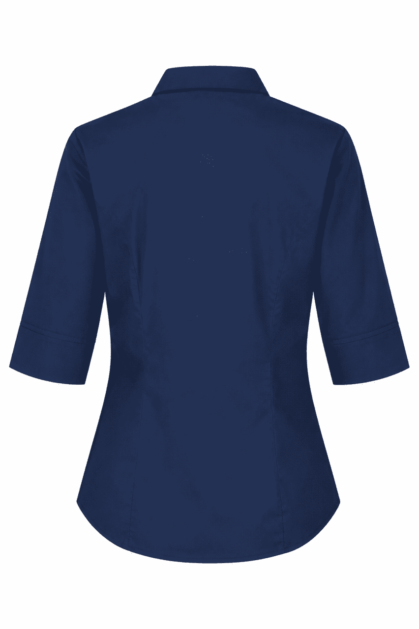 A navy blue button-up shirt with 3/4 sleeves and a fitted silhouette, featuring a collar and a logo.
