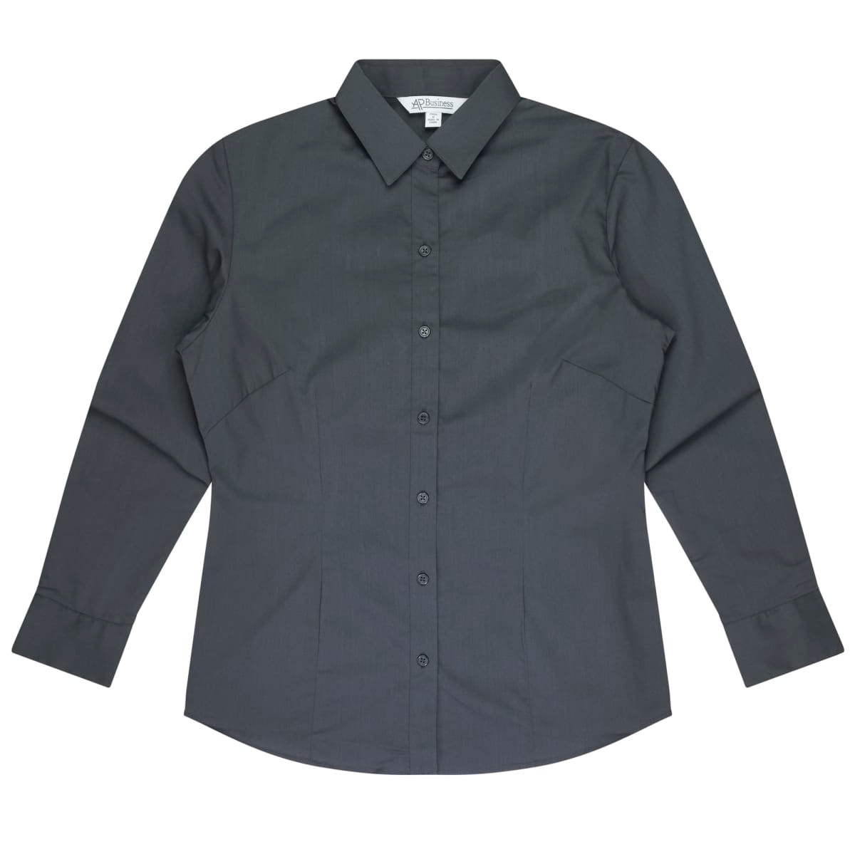 A long-sleeve button-up shirt in dark grey with a collar and a logo.