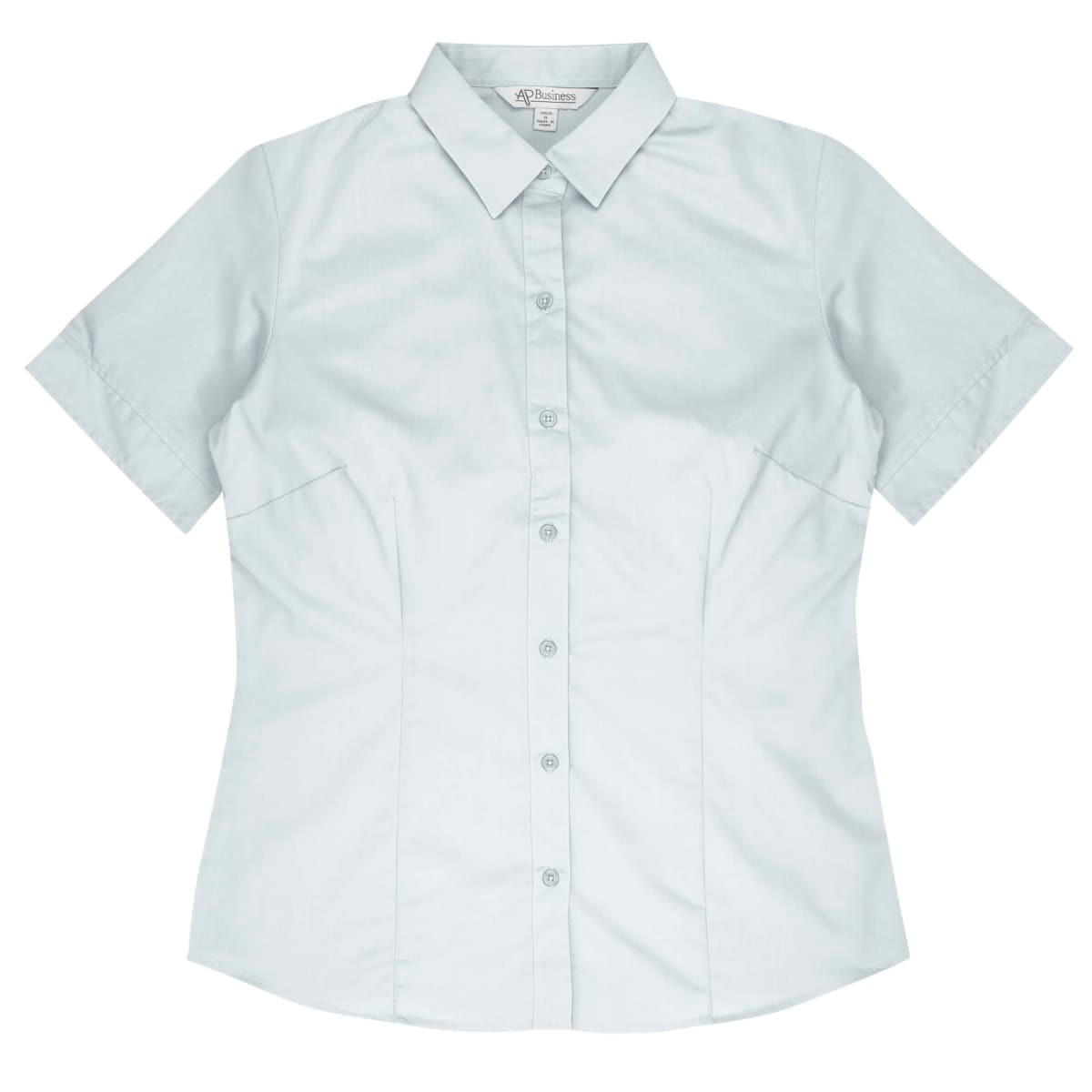 A light grey button-up shirt with short sleeves and a fitted design. It features a collar and a logo.