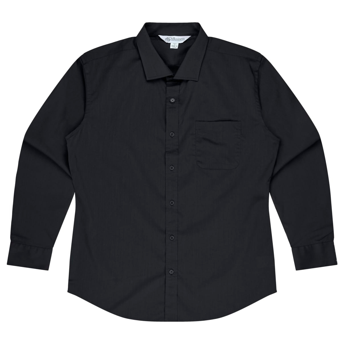 A long-sleeve button-up shirt in black, featuring a single chest pocket and a branded label.