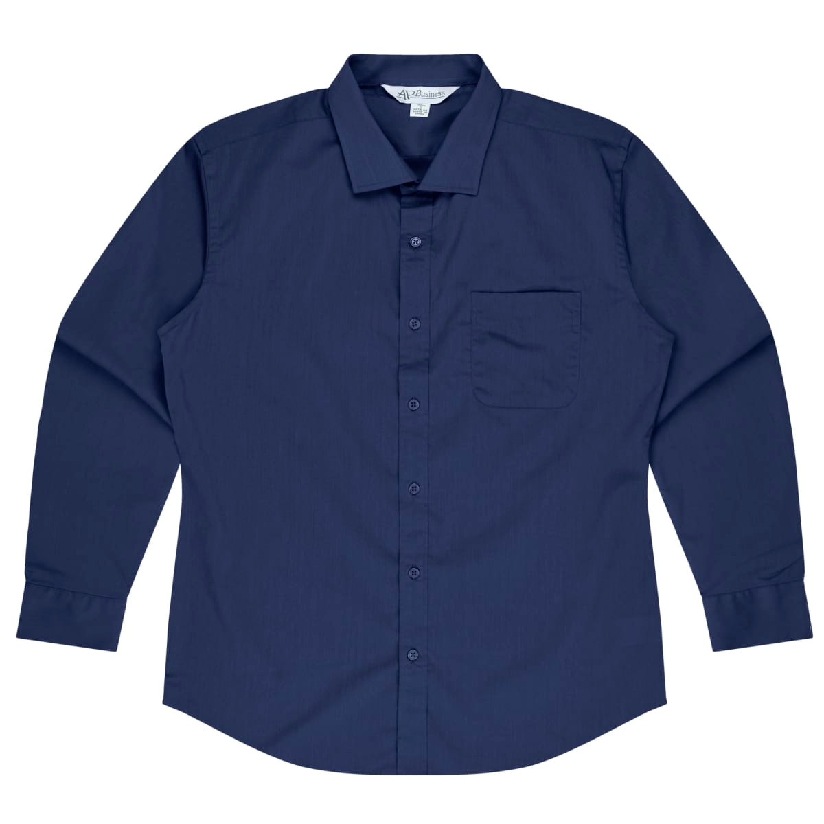 A navy long-sleeve button-up shirt featuring a single chest pocket and a logo.