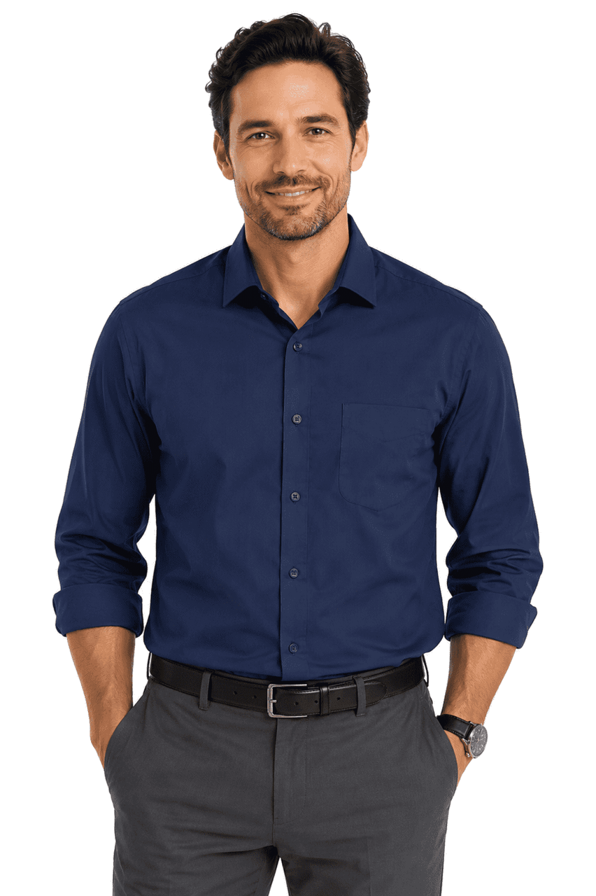 A long sleeve, button-up shirt in a navy colour, featuring a single chest pocket and a classic collar.