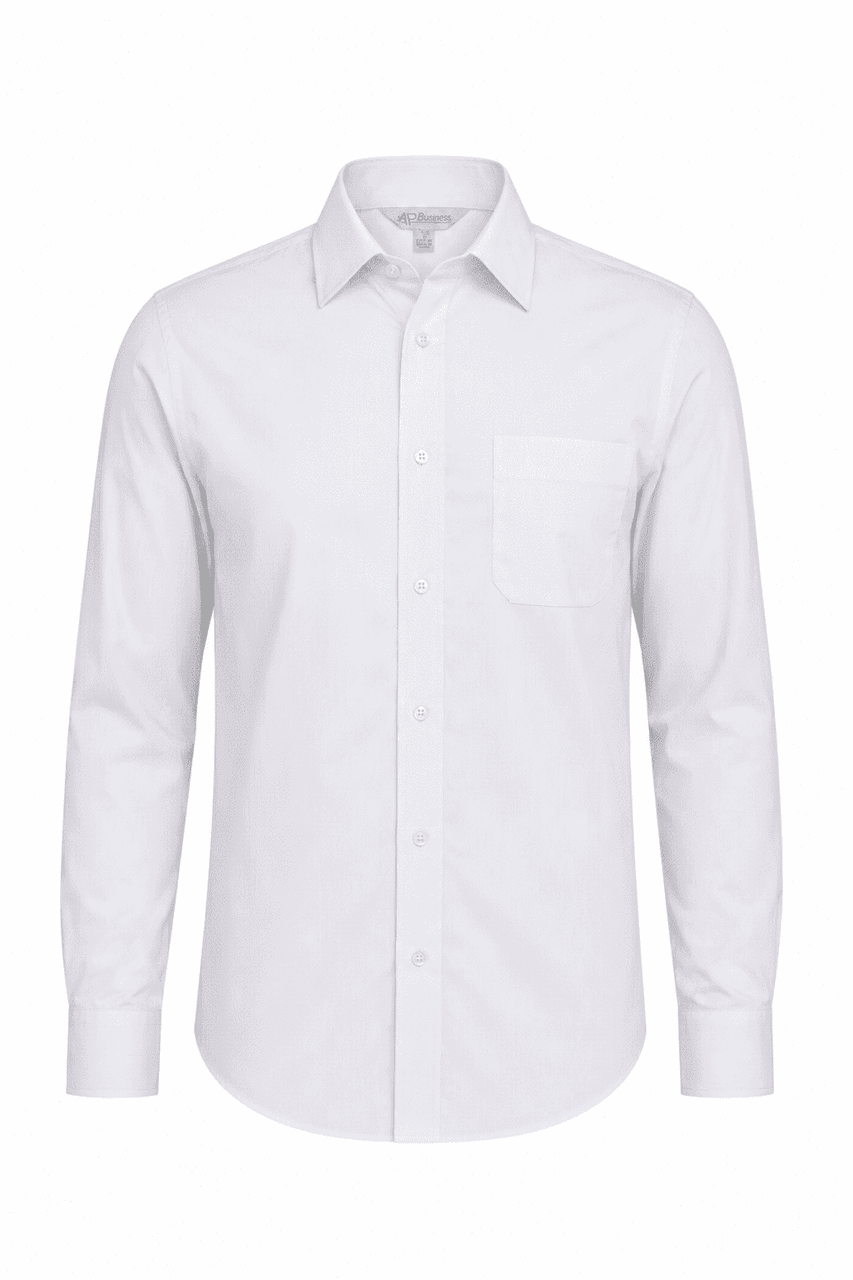 A long-sleeve button-up shirt in white with a pocket and a collar. It features a logo brand.