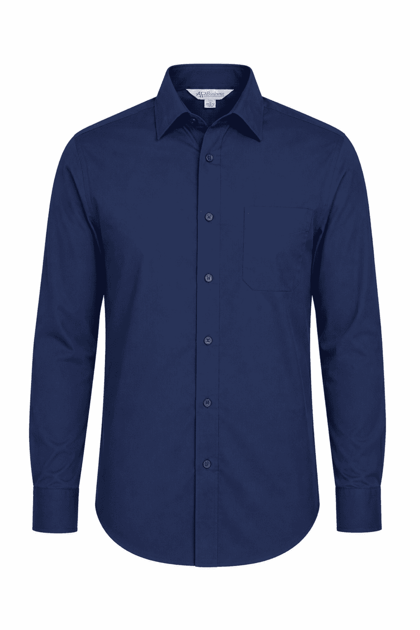 A navy blue long sleeve button-up shirt with a single chest pocket and a logo.
