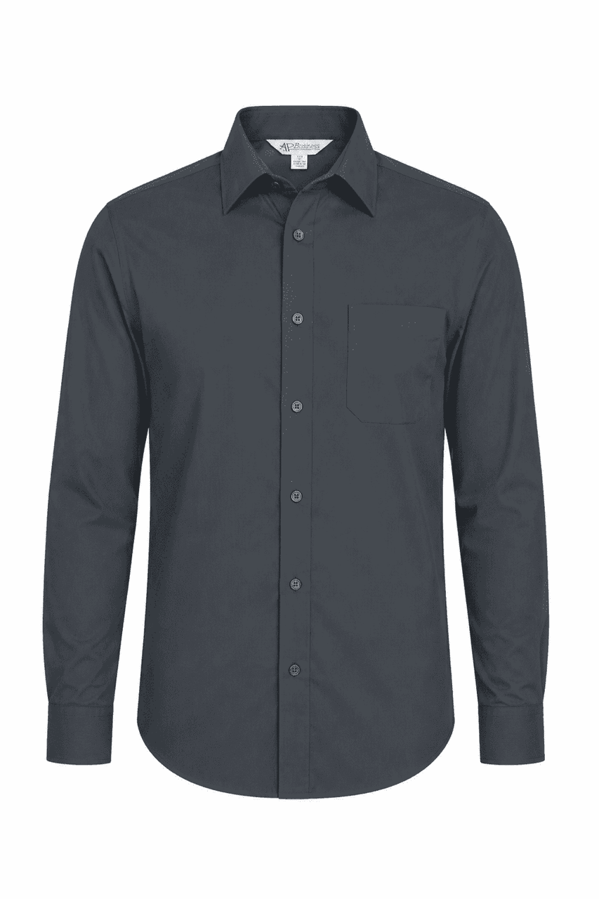 A long sleeve button-up shirt in a navy colour, featuring a chest pocket and a collar, with a logo on the label.