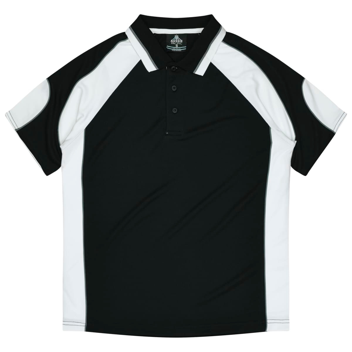 A black and white polo shirt featuring raglan sleeves and a collar. It includes a branding logo on the tag.