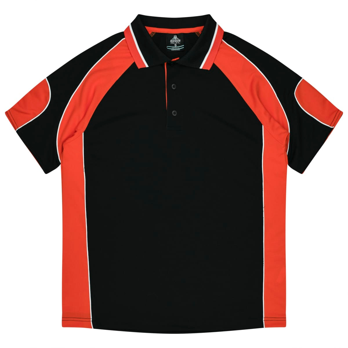 A black and red polo shirt with contrasting sleeves and a collar, featuring a logo.