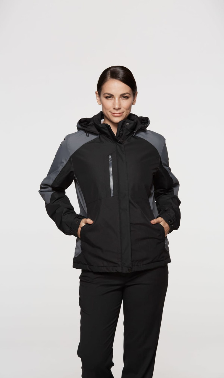 A black and grey jacket with a hood, featuring a zipped front and side pockets, displayed on a model.