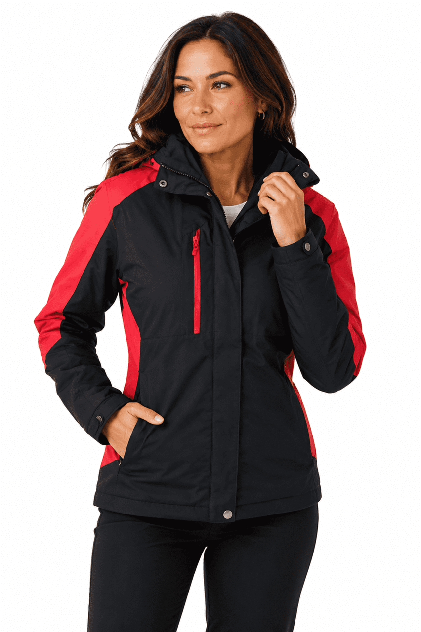 A black jacket with red accents, featuring a hood and zippered pockets, displayed on a model.