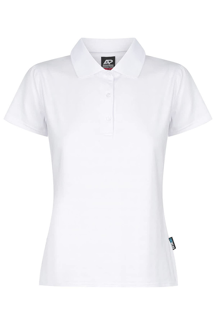 A white polo shirt with a collar, featuring a small logo on the side.