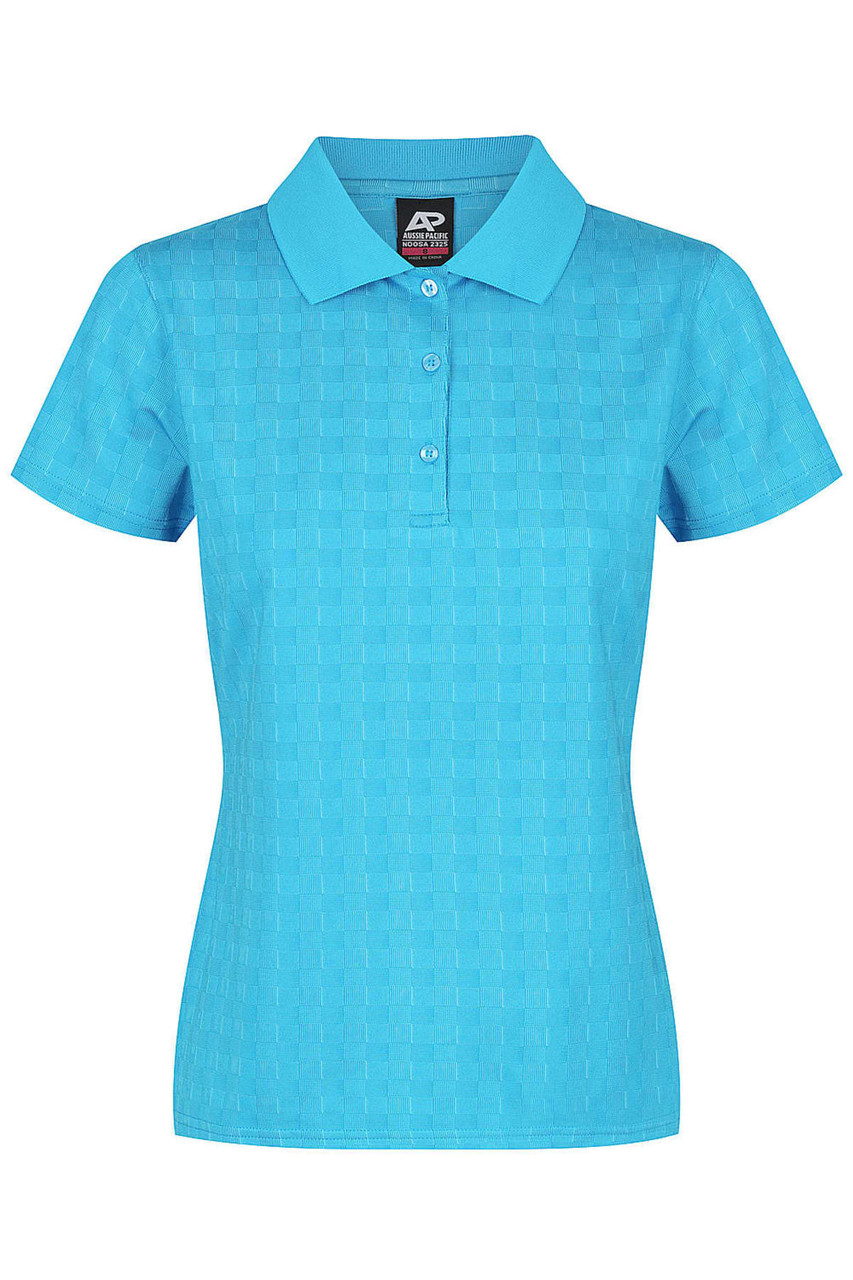 A women's polo shirt in aqua blue with a textured pattern and a collar. It features buttons and has a logo.