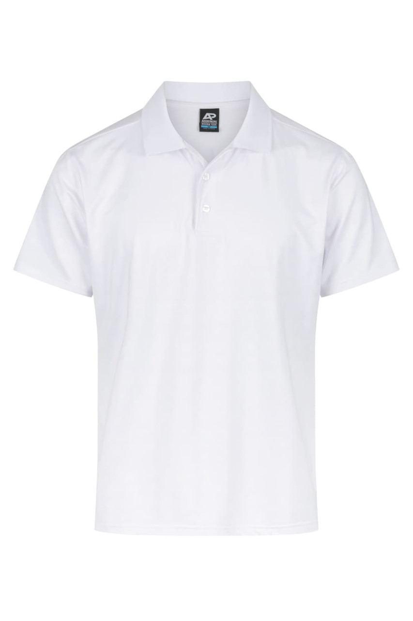 A white polo shirt featuring a collar and three buttons, with a logo on the label.