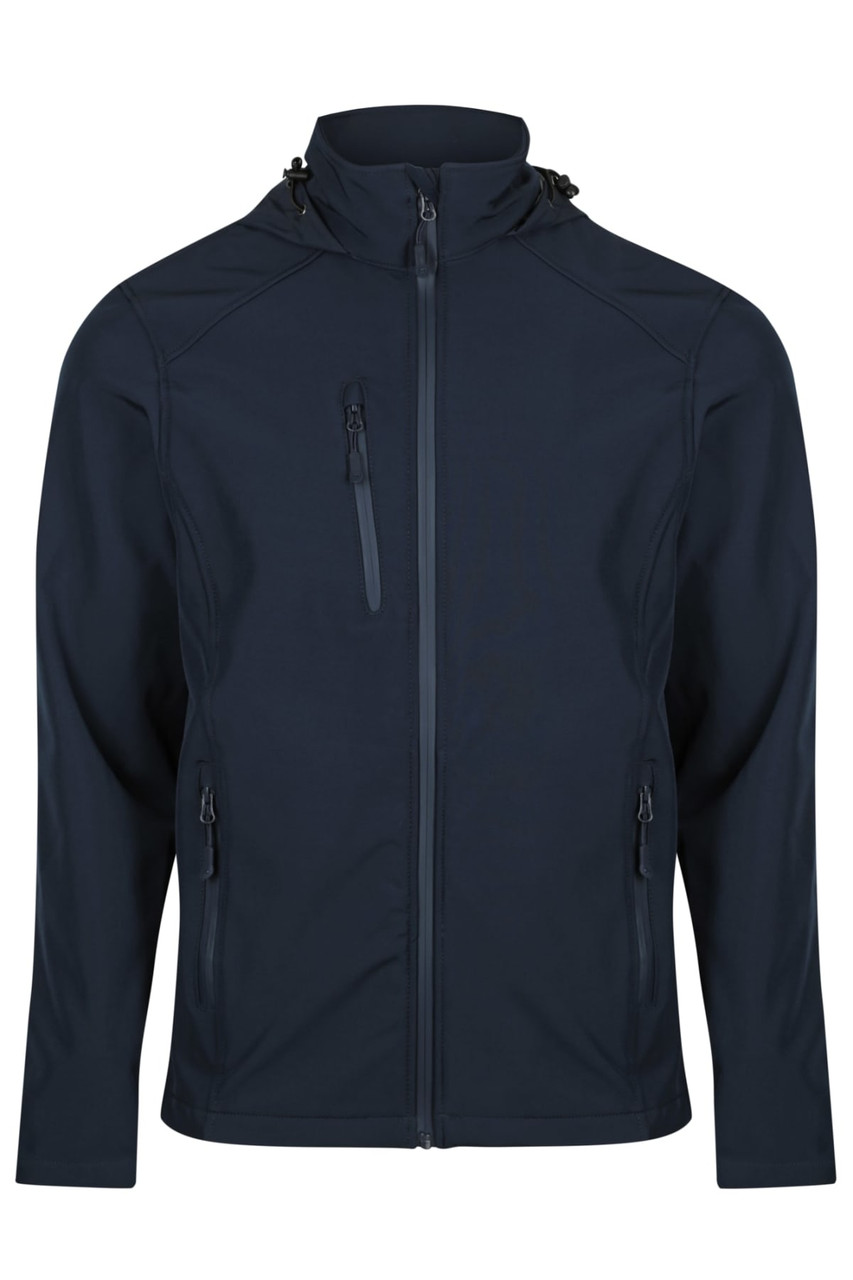 A dark navy jacket featuring a zip front, two front pockets, and an adjustable hood. It has a logo on it.