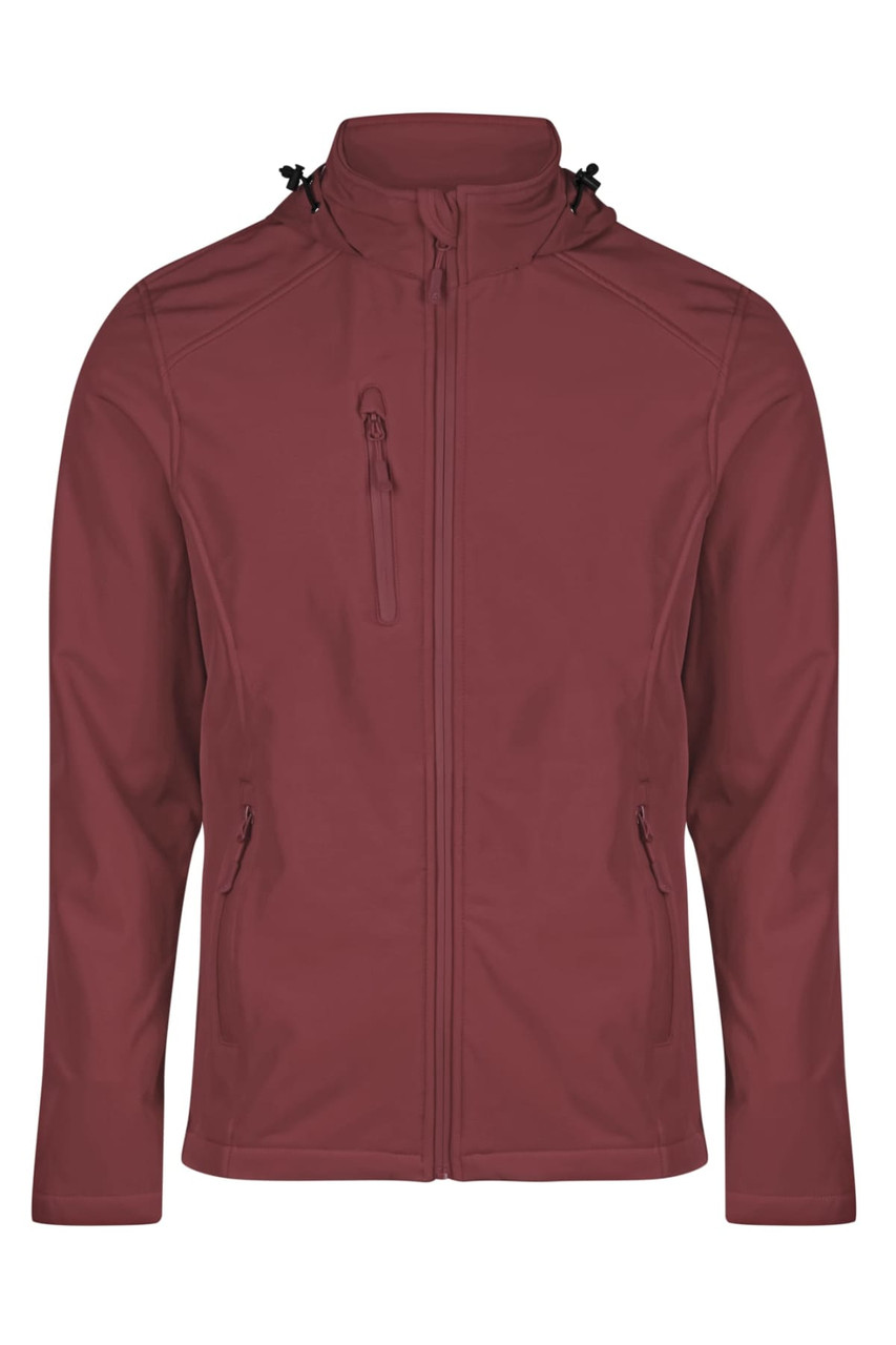 A maroon kids' jacket with a zip front, two side pockets, and a hood. It features a logo on the chest.