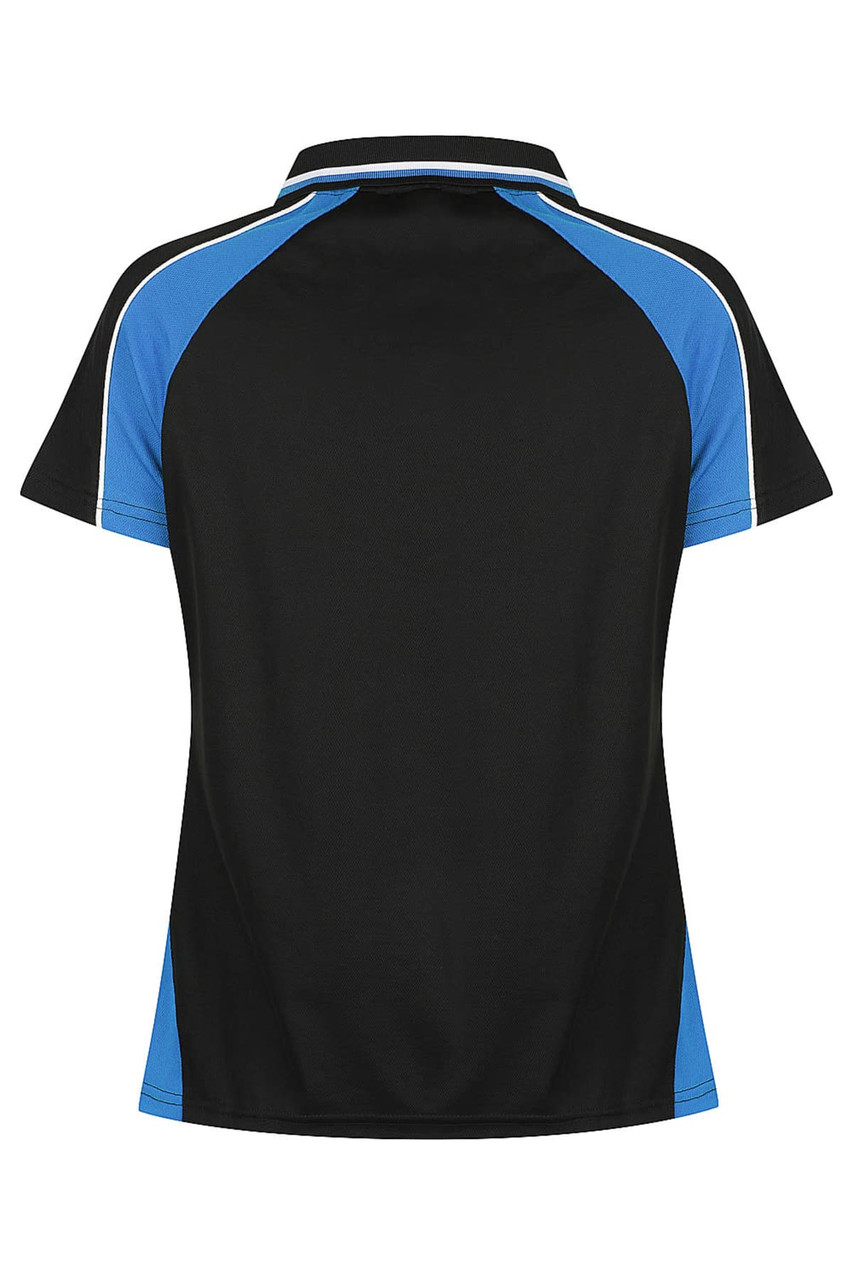 A black polo shirt with blue accents and a discreet logo on the back.