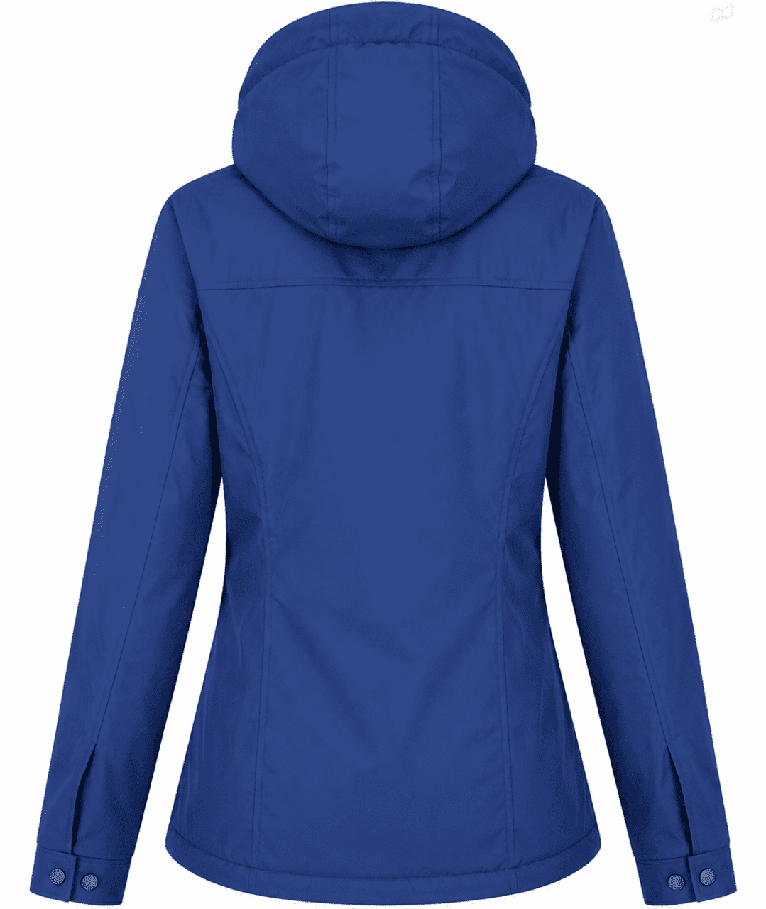A blue women's jacket with a hood, featuring a fitted design and side openings, includes a logo on the back.