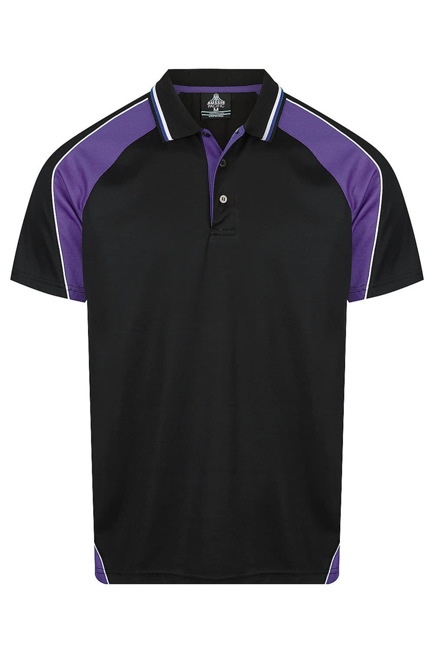 A black polo shirt featuring purple accents and white piping, with a collar and a logo on the chest.