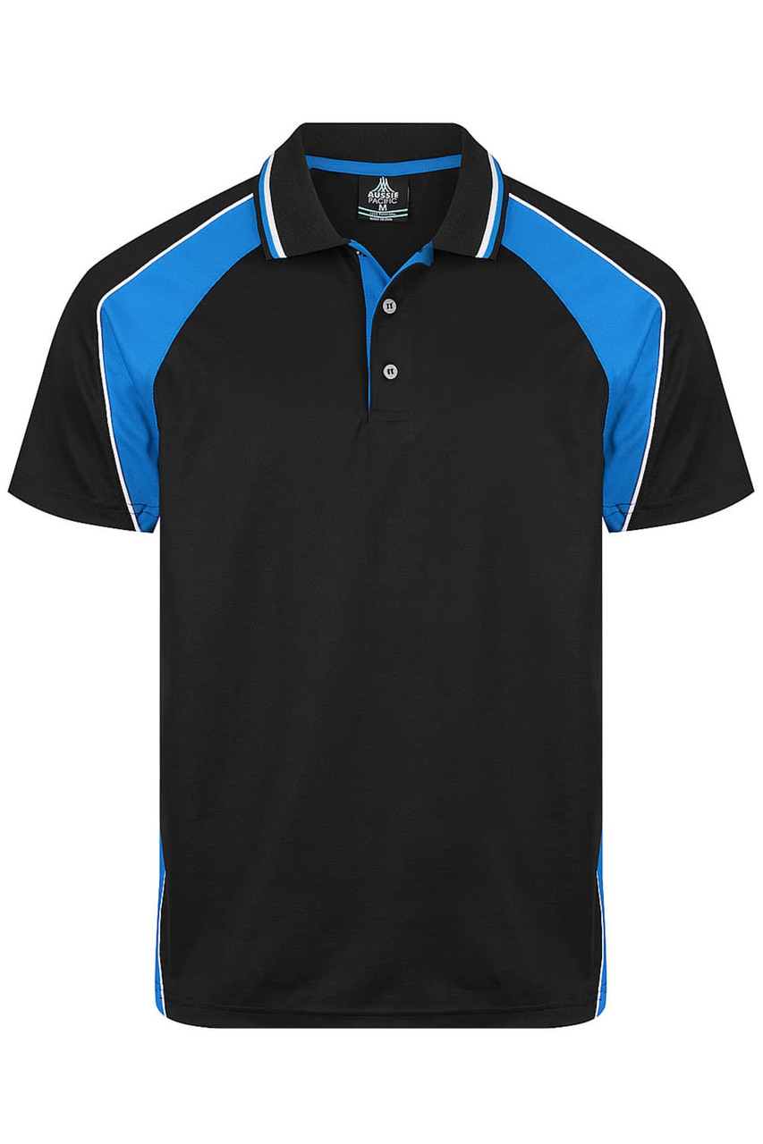 A black polo shirt with blue and white accents, featuring a collar and buttons, and a logo on the front.