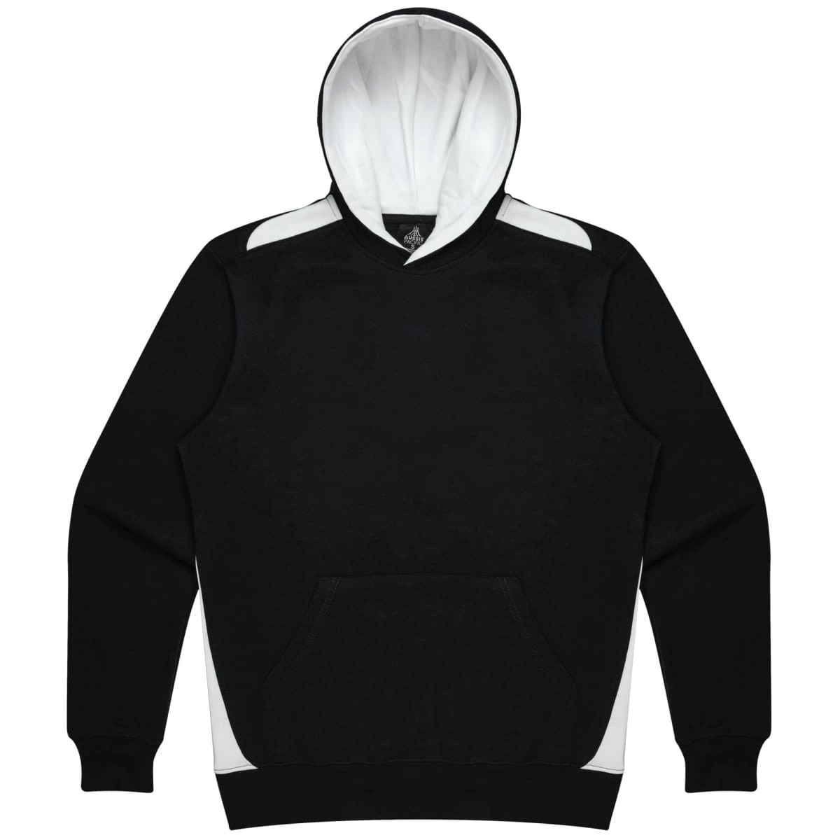 A black hoodie with a white interior and white accents on the sides. It features a front pocket and a logo.