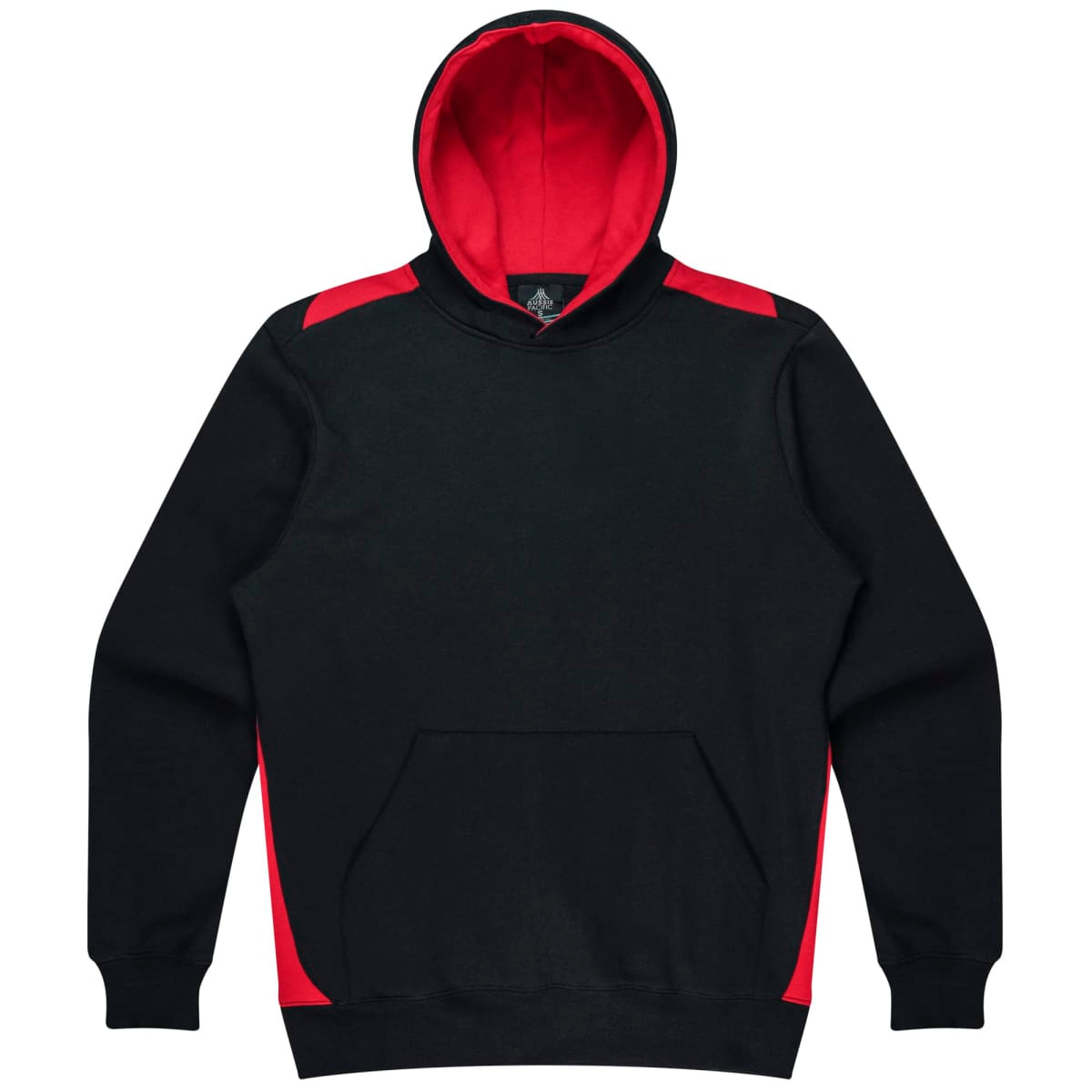 A black hoodie with red accents and a front pocket, featuring a hood and branding.