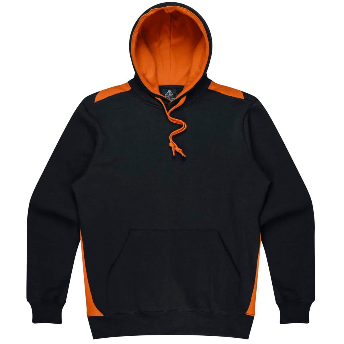 A black hoodie with orange accents and a front pocket, featuring a drawstring hood and a logo.