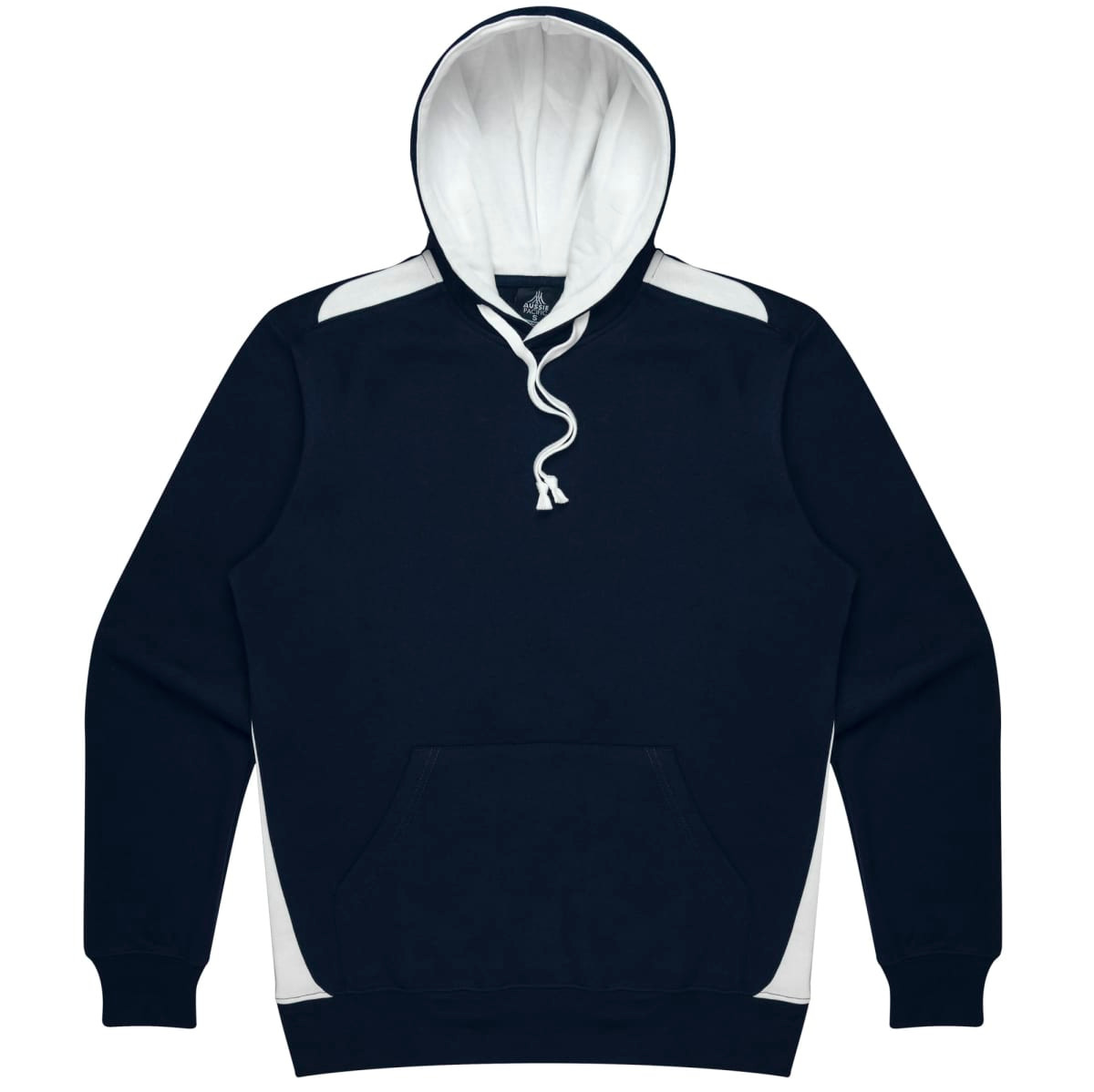 A navy men's hoodie featuring a white-lined hood and contrasting white panels. It has a front pocket and a logo.