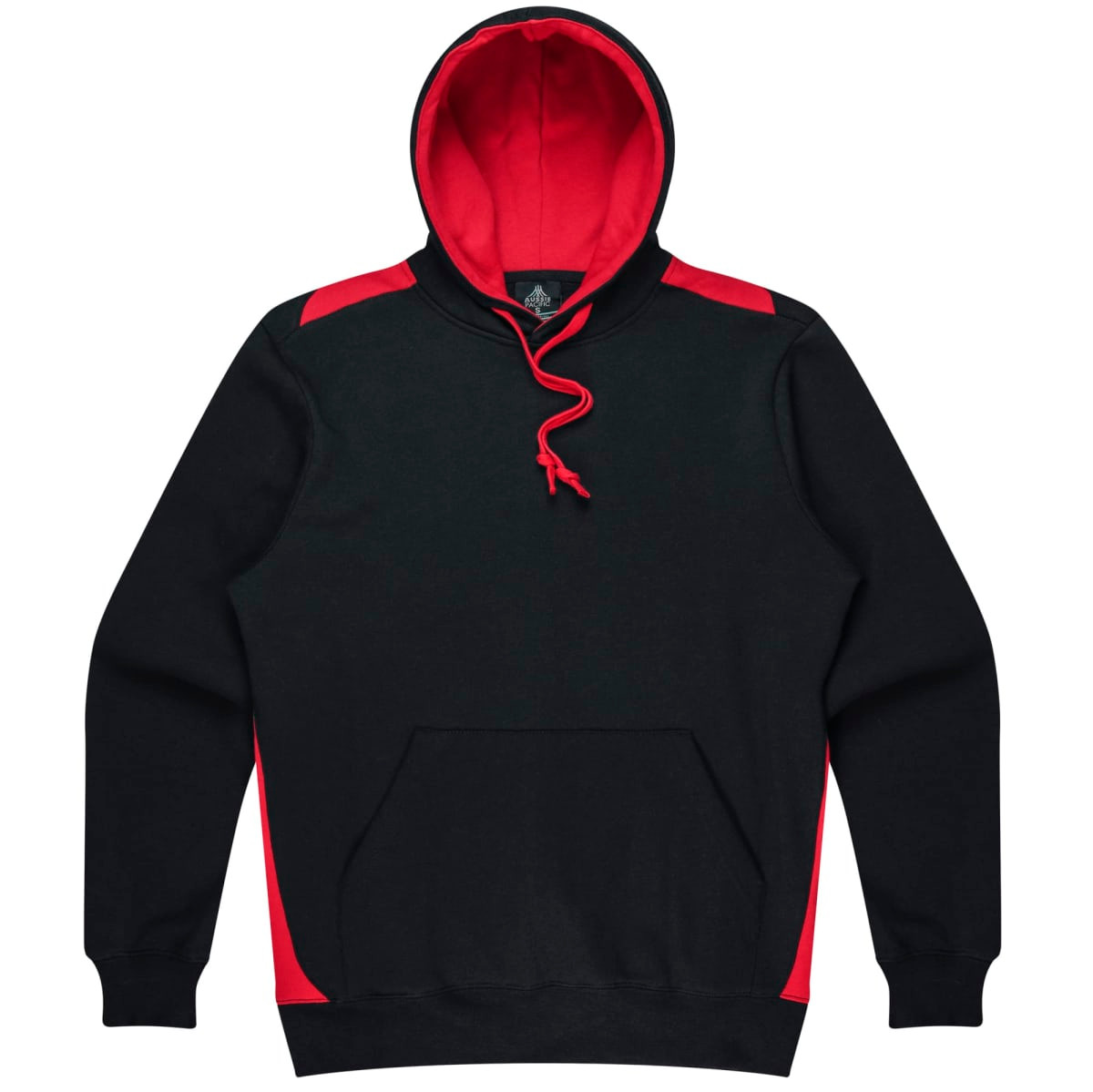 A black hoodie with red accents, featuring a front pocket and a drawstring hood. It has a logo on the chest.