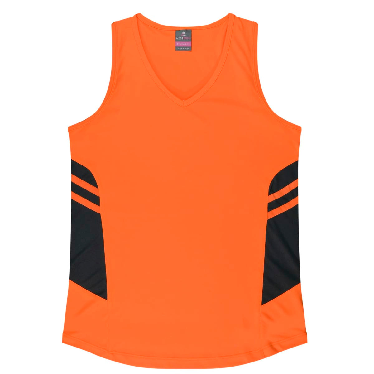 An orange singlet with black side panels and a v-neck design, featuring a logo on the label.