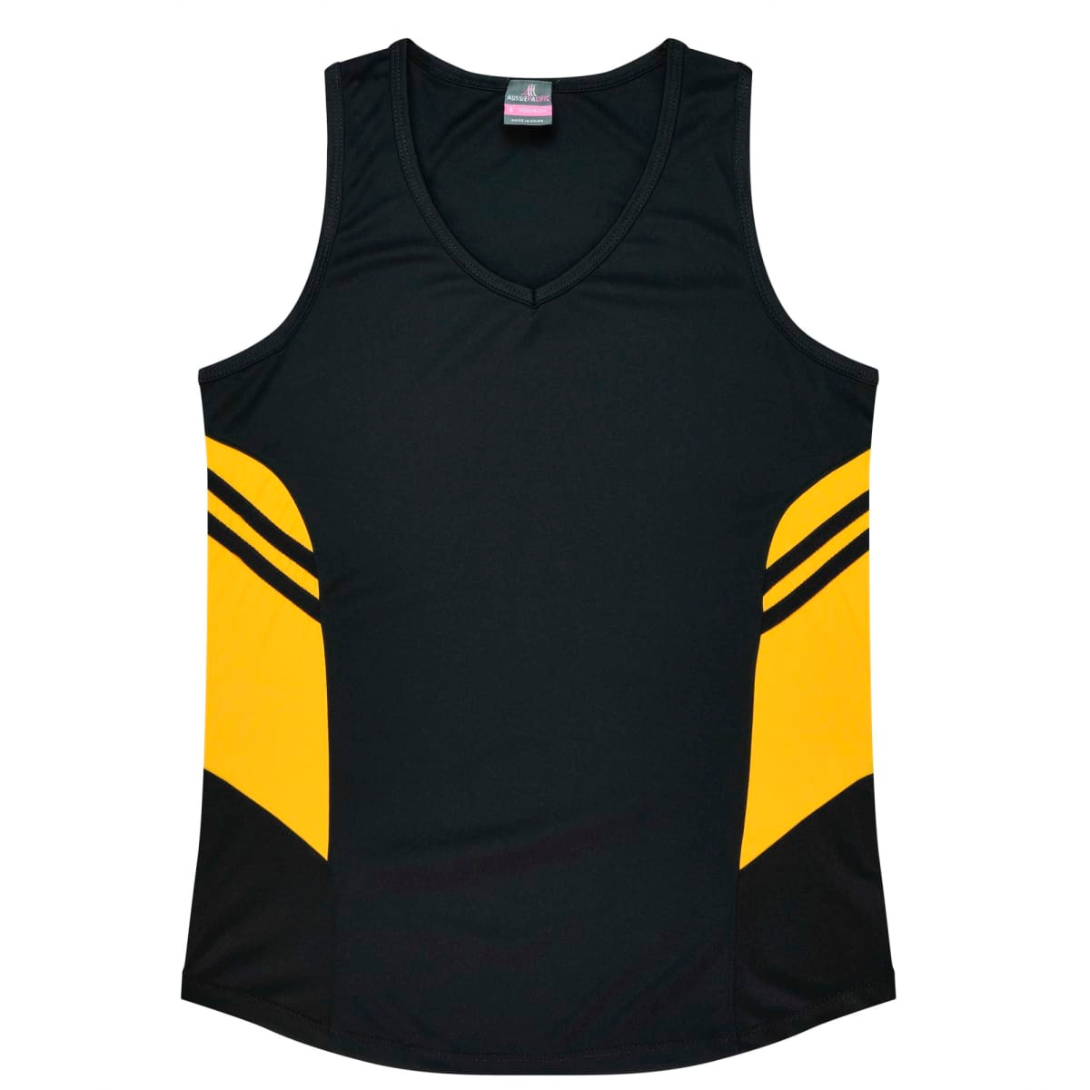 A black singlet with yellow accents and a logo. The design features a V-neck and sporty stripes.